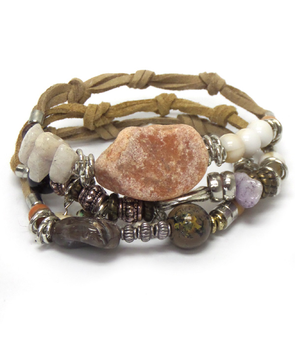 Stone and beads three layer leather bracelet set