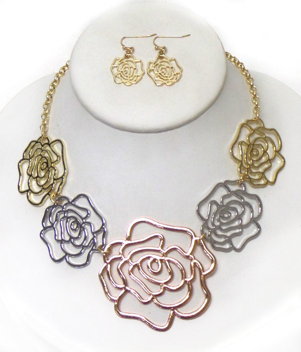 Multisize cutout rose hook earrings necklace set