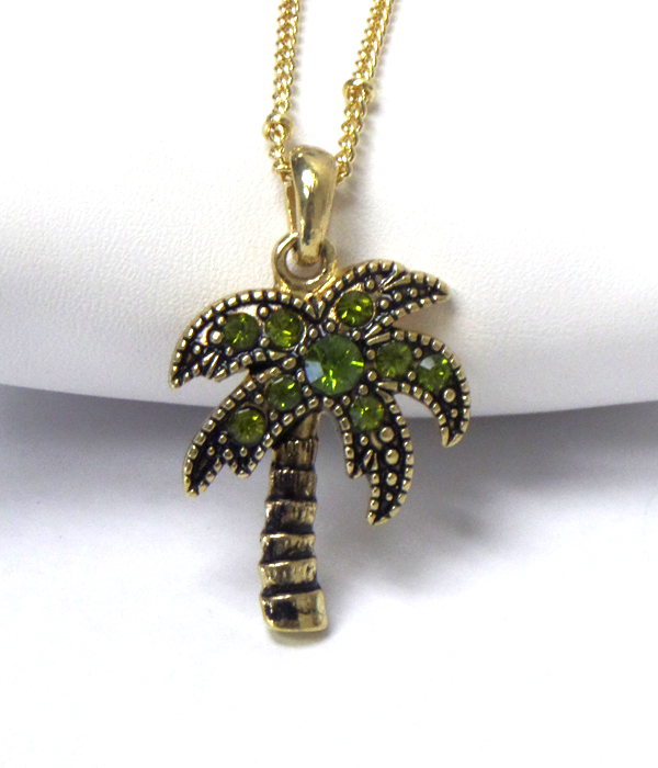 Burnish metal crystal palm tree pendant necklace