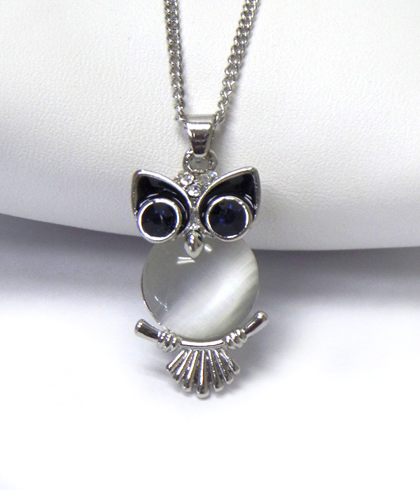 Swarovski inspired cats eye and crystal owl pendant necklace