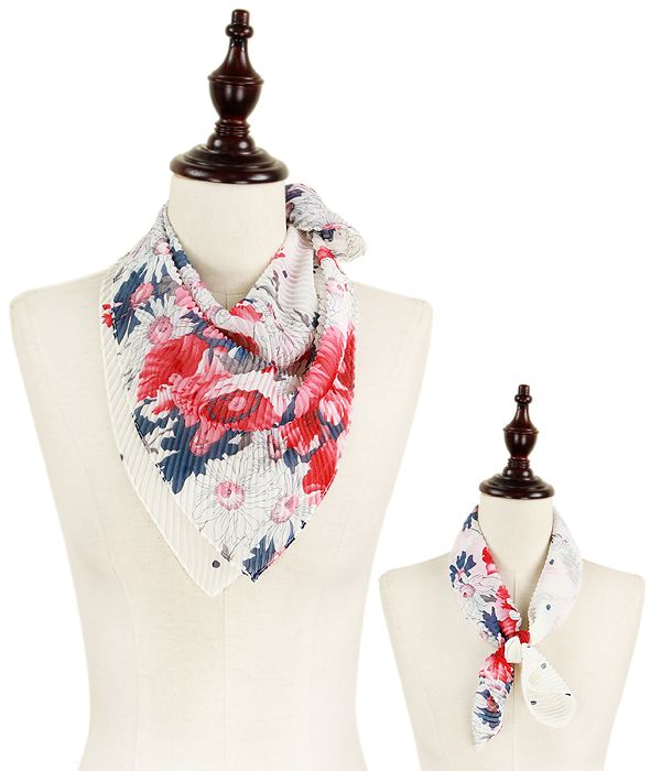 Flower dot pleated chiffon bandana scarf - 100% polyester