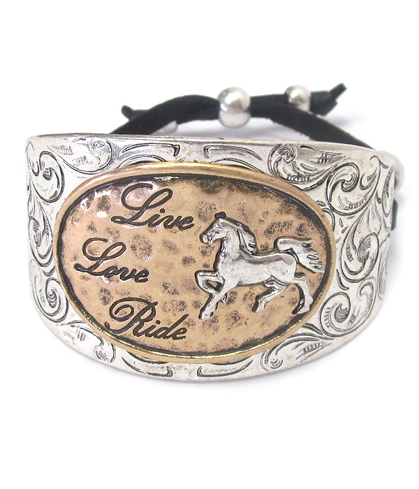 Textured chunky metal and suede pull tie bracelet - live love ride