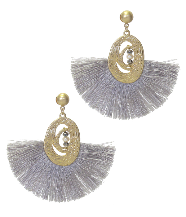 Pearl center metal and thread tassel earring