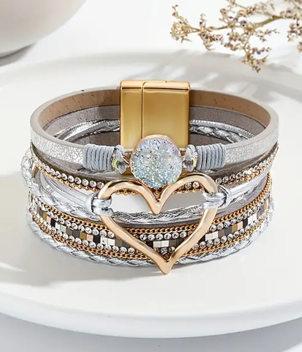 Multi layer leatherette magnetic bracelet - heart