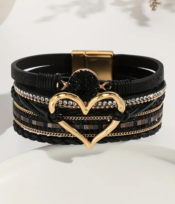 Multi layer leatherette magnetic bracelet - heart