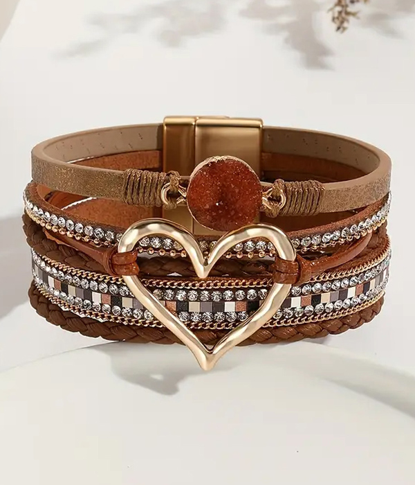 Multi layer leatherette magnetic bracelet - heart