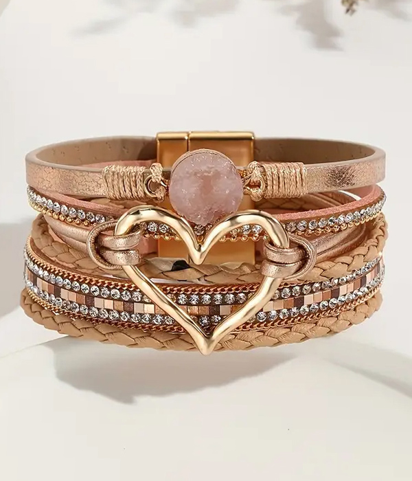 Multi layer leatherette magnetic bracelet - heart