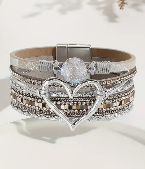 Multi layer leatherette magnetic bracelet - heart