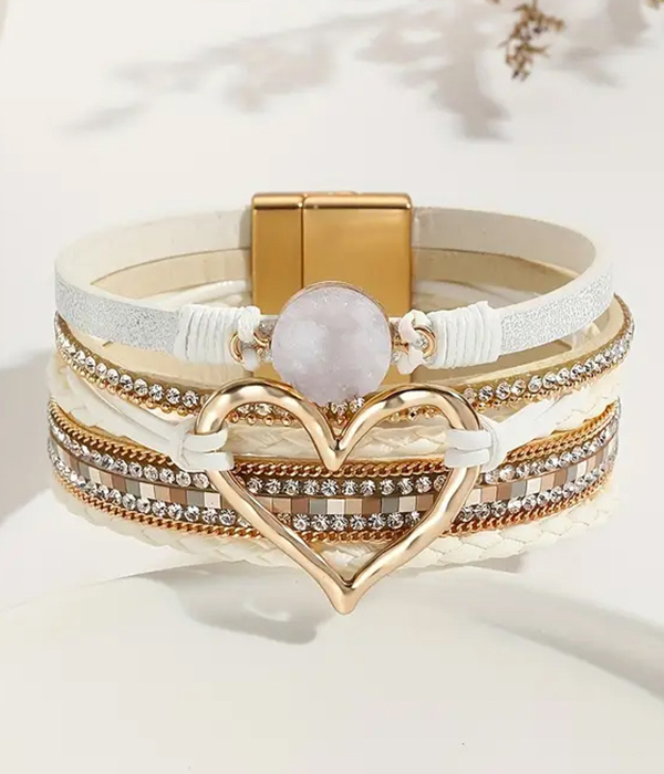 Multi layer leatherette magnetic bracelet - heart