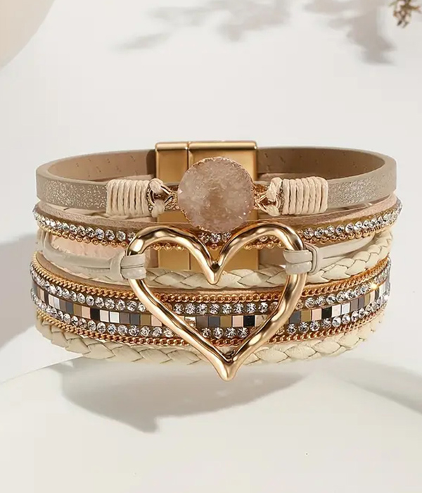 Multi layer leatherette magnetic bracelet - heart