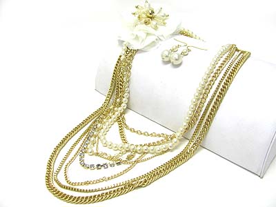 Fabric flower accent mixed metal and pearl chain long neckalce earring set