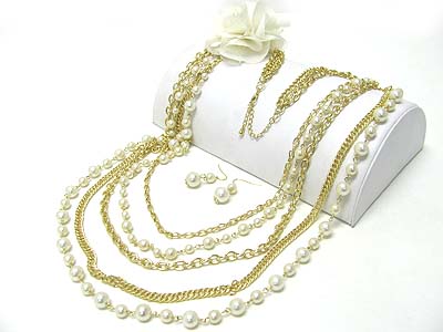 Fabric flower accent mixed metal and pearl chain long neckalce earring set
