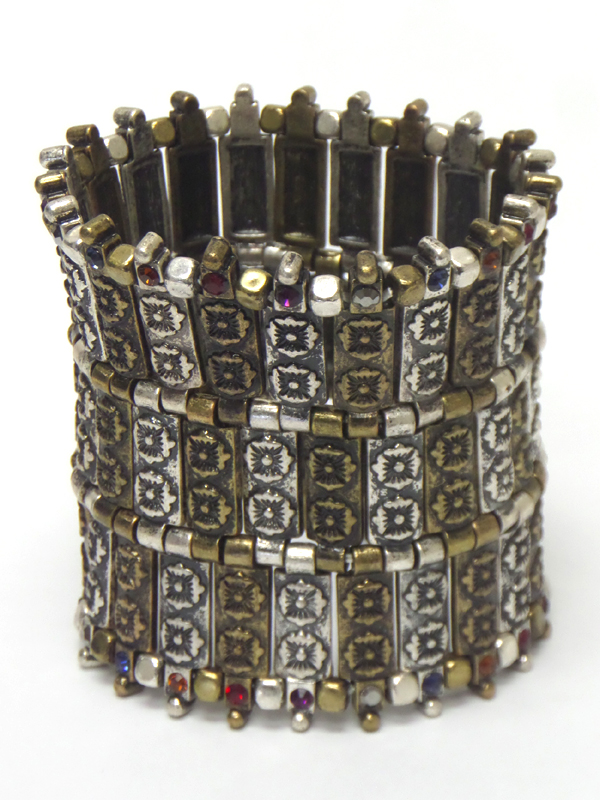 Crystal detail flower textured tall metal bar link stretch bracelet