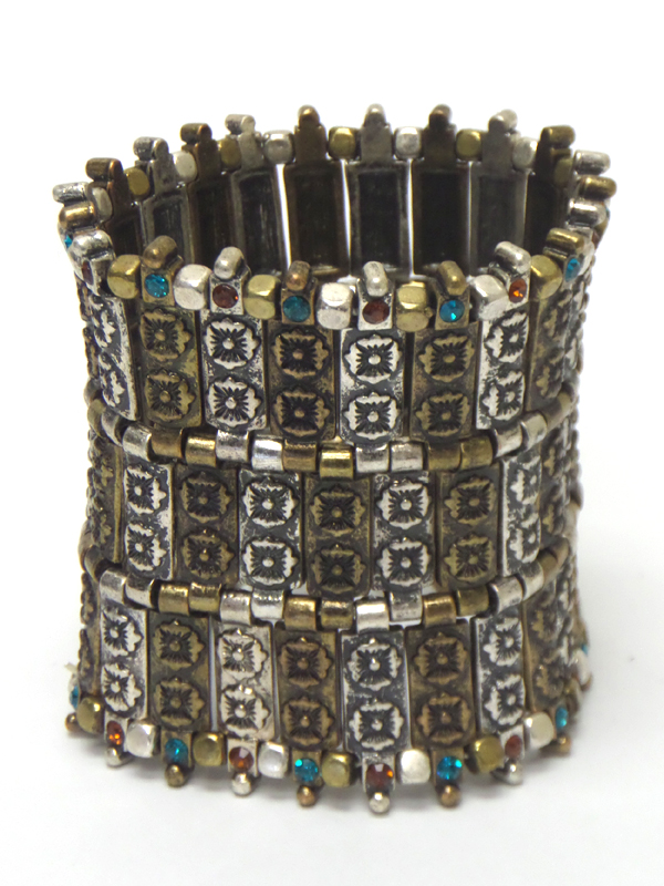 Crystal detail flower textured tall metal bar link stretch bracelet