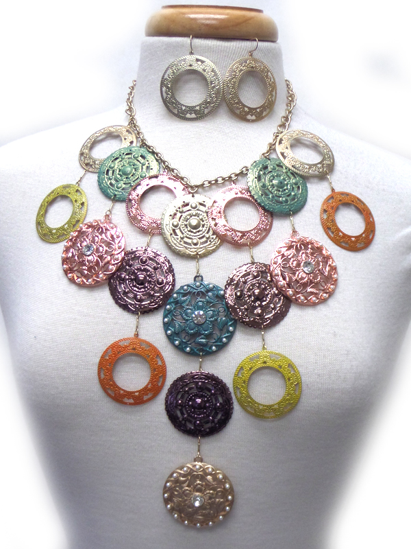 Sping vintage mixed metal crystal and small pearl disk filigree long chain necklace earring set