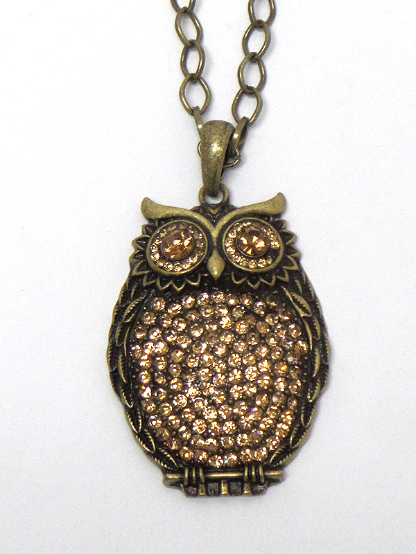 Large crystal owl pendant long chain necklace set