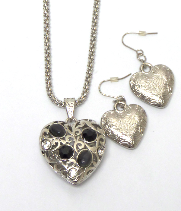 Crystal stud filigree puffy heart necklace and earring set
