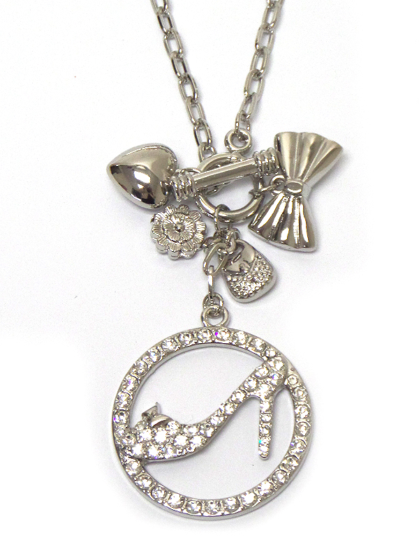 Crystal deco highheel pendant and multi charms toggle necklace