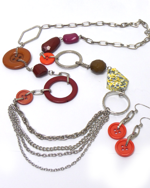 Multi shape bead and precious stone link necklace and button earring set