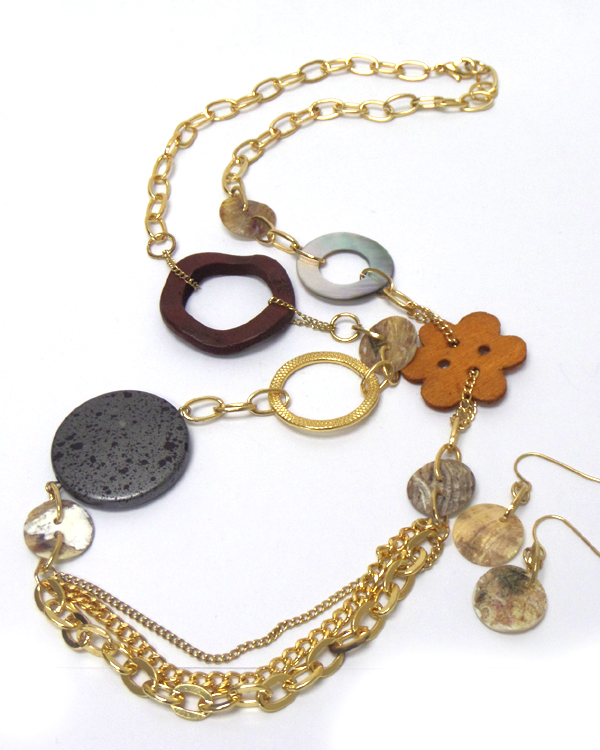 Multi material link necklace and earring set