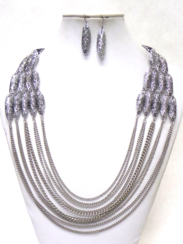 Multi row chain hanging long necklace earring set