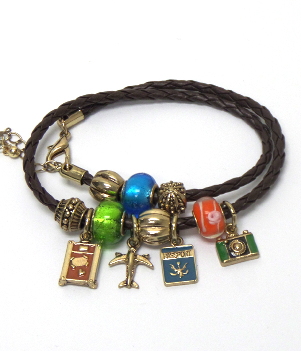 Multi travel charm dangle braided cord bracelet - 18 inch long free wrap style