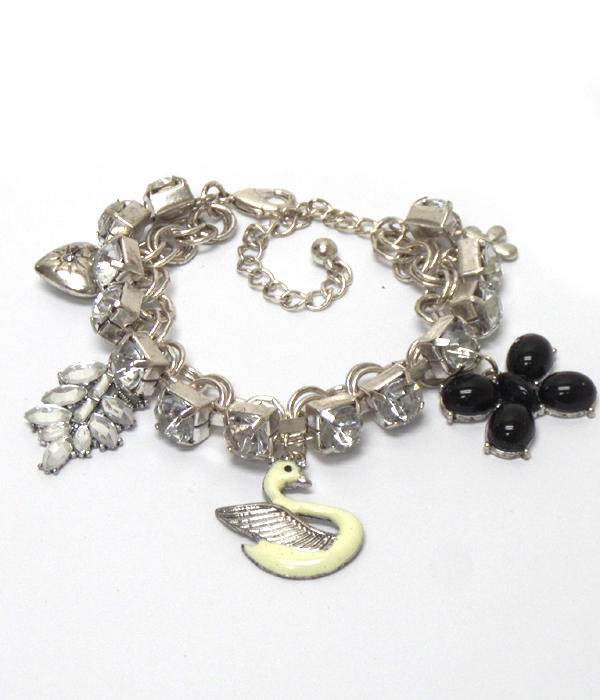 Crystal deco multi chain and dangling charm bracelet - swan and butterfly