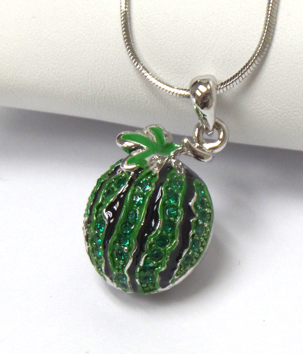 Made in korea whitegold plating crystal stud metal epoxy watermelon pendant necklace