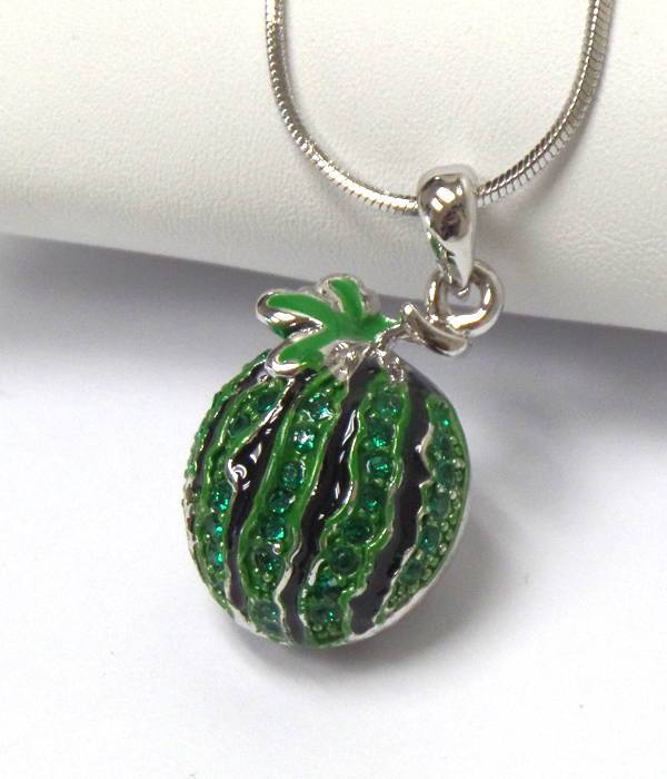 WHITEGOLD PLATING CRYSTAL STUD METAL EPOXY WATERMELON PENDANT NECKLACE