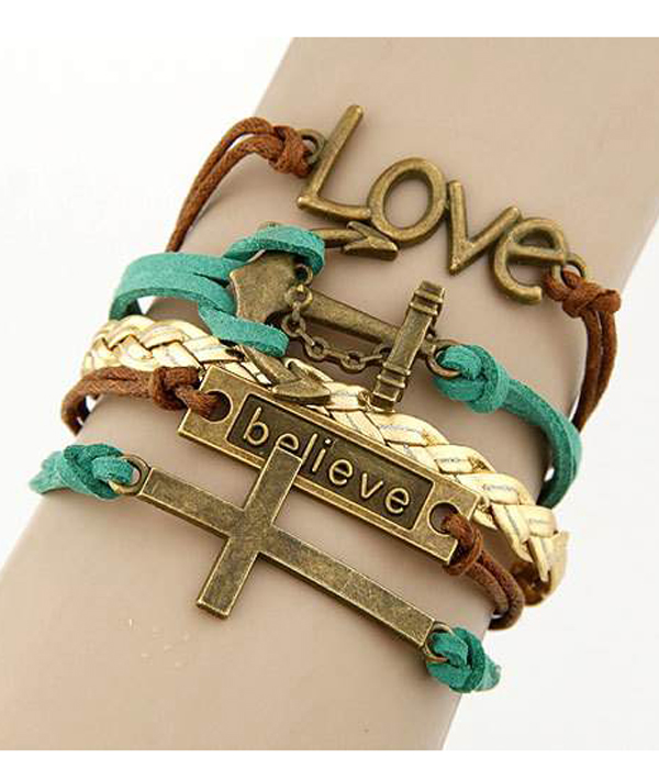 Multi row leatherette wrap bracelet - love anchor believe cross