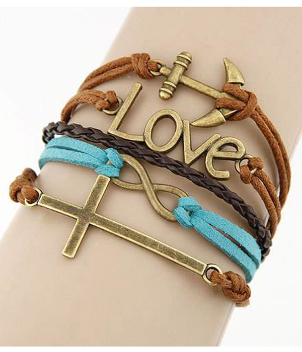 Multi row leatherette wrap bracelet - anchor love infinity cross