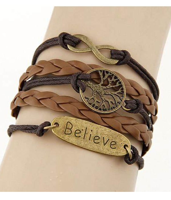 Multi row leatherette wrap bracelet - infinity tree believe