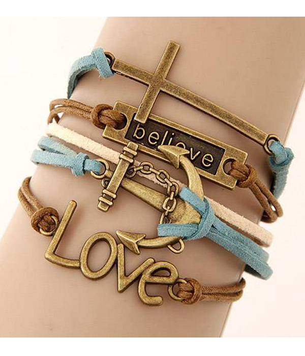 Multi row leatherette wrap bracelet - cross believe anchor love