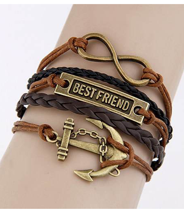 Multi row leatherette wrap bracelet - infinity best friend anchor