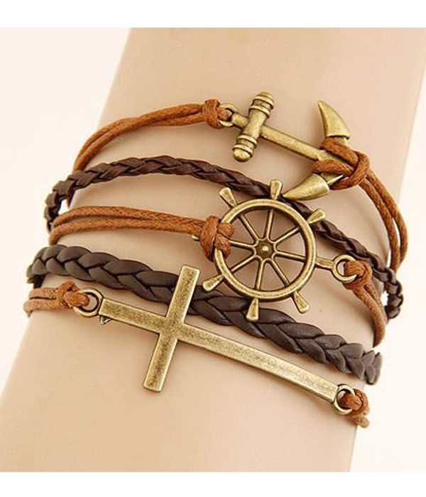 Multi row leatherette wrap bracelet - anchor wheel cross