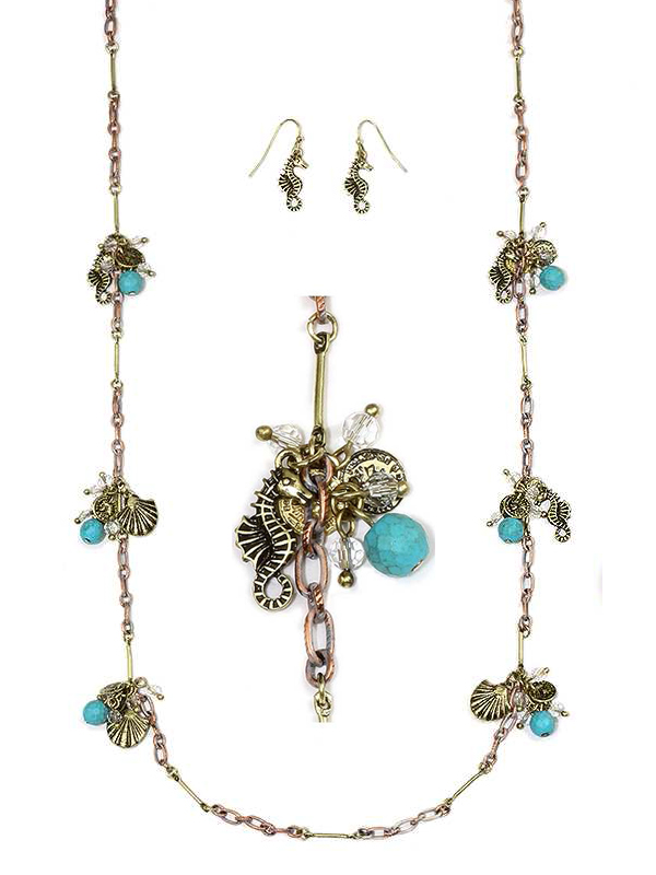 Seahorse and shell long station necklace set