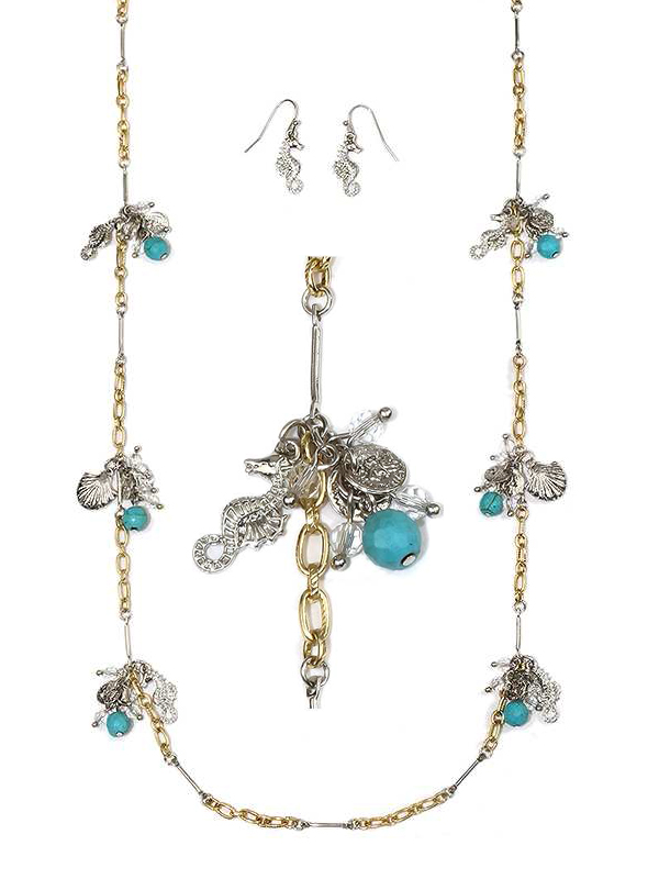 Seahorse and shell long station necklace set