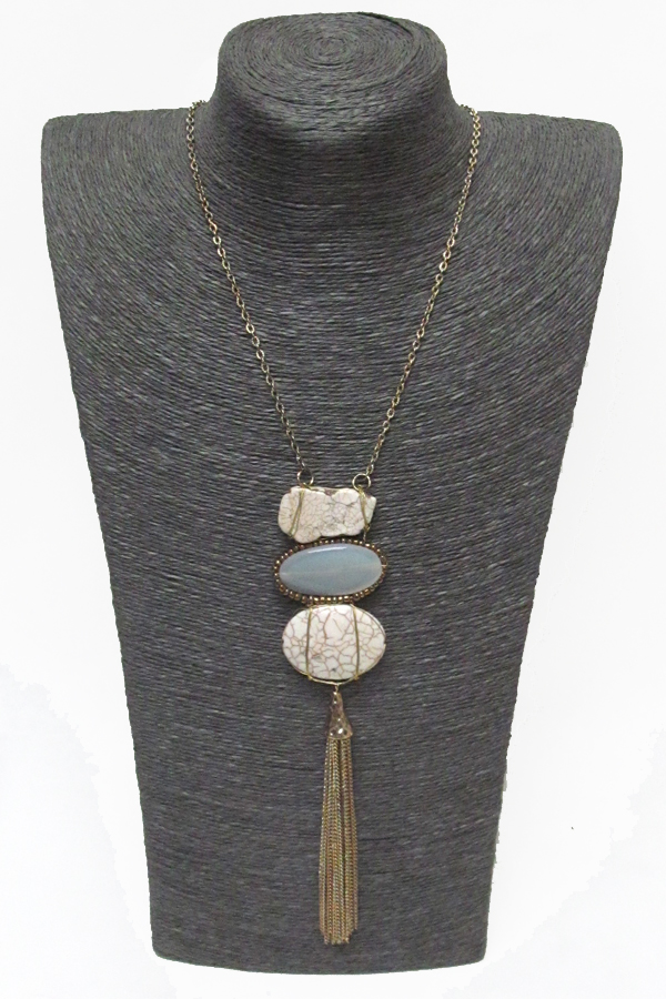 Semi precious stone and tassel drop necklace set