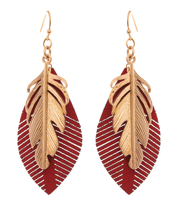 METAL AND LEATHER FEATHER EARRING