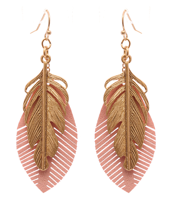 METAL AND LEATHER FEATHER EARRING