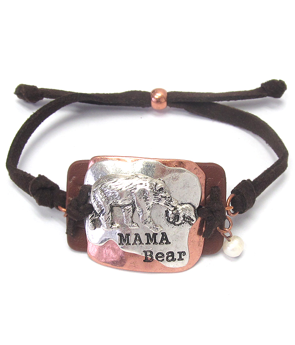 METAL PLATE AND LEATHER SUEDE PULL TIE BRACELET - MAMA BEAR