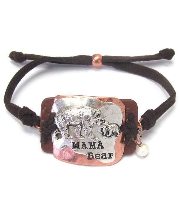 Metal plate and leather suede pull tie bracelet - mama bear