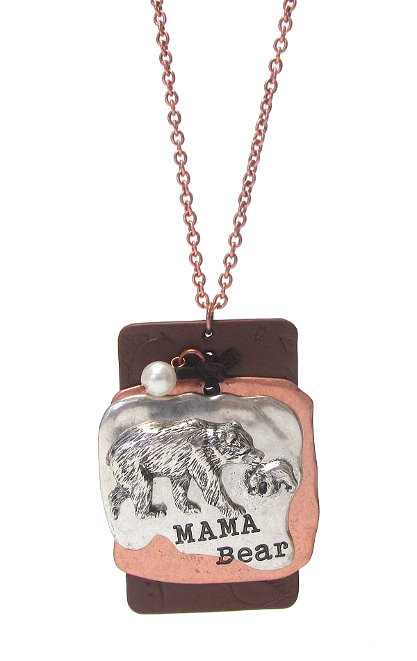 Leather and metal plate pendant long necklace - mama bear
