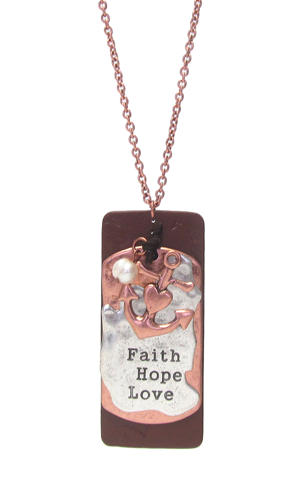 Leather and metal plate pendant long necklace - faith hope love
