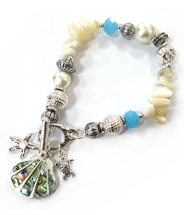 SEALIFE THEME MIXED BEAD AND ABALONE PENDANT TOGGLE BRACELET - SHELL