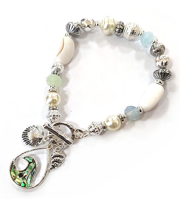 SEALIFE THEME MIXED BEAD AND ABALONE PENDANT TOGGLE BRACELET - WAVE