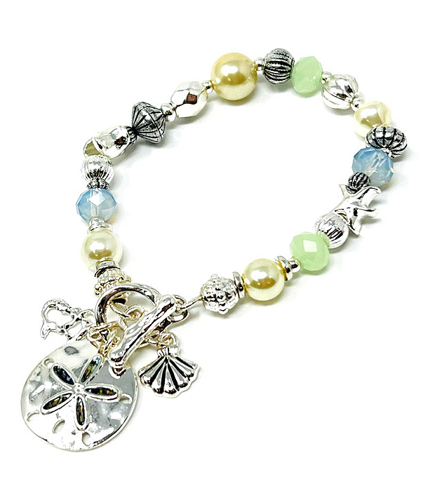 SEALIFE THEME MIXED BEAD AND ABALONE PENDANT TOGGLE BRACELET - SAND DOLLAR