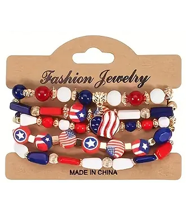 Patriotic theme american flag multi stretch bracelet set