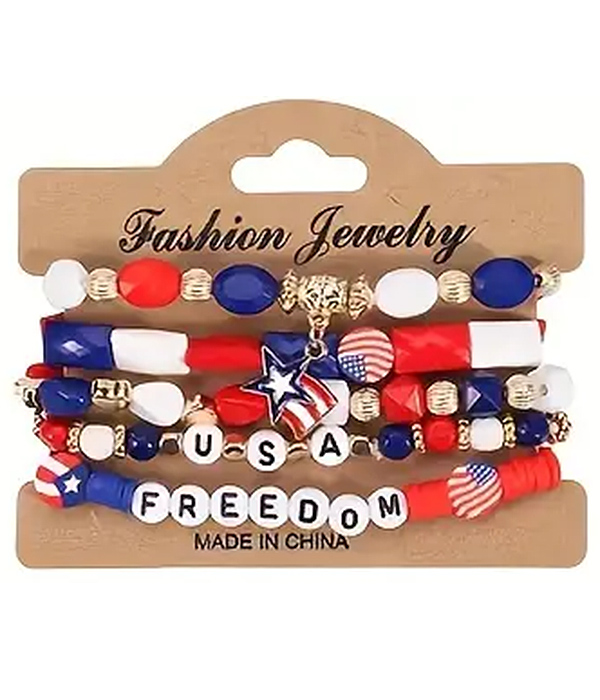 Patriotic theme american flag multi stretch bracelet set