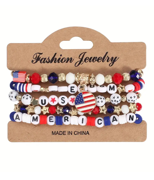 Patriotic theme american flag multi stretch bracelet set